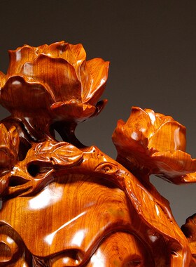 花梨木雕花开富贵摆件植s物雕刻家居客厅电视柜装饰摆设红木工艺