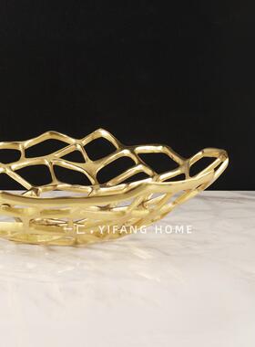 一匚现代简约创意样板房茶几镂空黄铜托盘水果盘收纳器皿摆件客厅