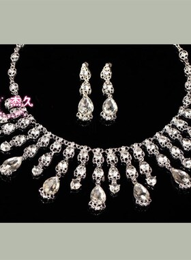 义乌韩国结婚新娘饰品 水钻纯情水晶红色新娘项链新娘饰品三件套
