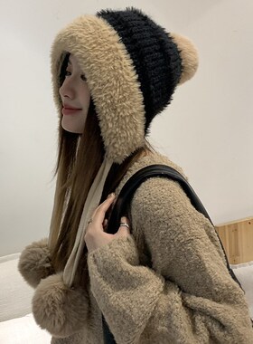 冬季保暖挂球毛绒帽女新款护耳可爱针织帽网红小清新甜美系带帽子