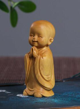 黄杨木逍遥自在四不小和尚实木雕刻手把件工艺礼品摆饰小沙弥桌面