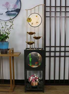 新中式客厅玄关屏风景观荷叶流水灯圈水景自循环家用落地鱼缸摆件