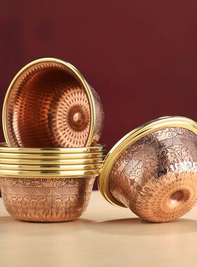 红铜手工艺供水碗家居工艺铜制锤纹敲打八供水杯仿旧雕花摆件平底