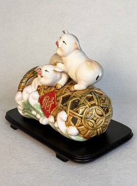 猪笼入水俩个小猪陶瓷摆件石湾公仔