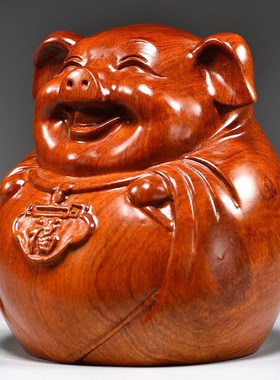 实木福猪存钱罐摆件花梨木雕金猪工艺礼品木质开业乔迁送生日礼物