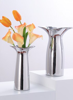 电镀银色陶瓷花瓣花瓶现代简约客厅样板房插花花器极简艺术装饰品