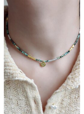 手作小众设计文艺复古绿松石碎银子串珠眼睛金币吊坠叠戴毛衣项链