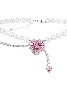 新款珍珠粉钻爱心拼接高级感项链多层轻奢小众设计感锁骨链项圈女