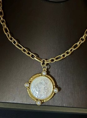 高级感复古合金高级吊坠项链优雅小众电镀贝母圆形人像颈链