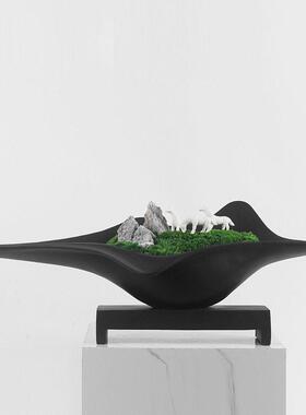 新中式桌面船型仿真绿植摆件售楼处样板间客厅酒店陶瓷装饰摆设