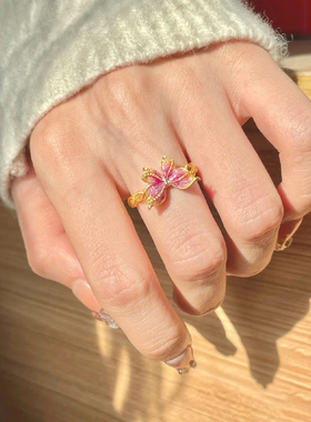 5G黄金花丝蝴蝶戒指女999足金宫廷风珐琅纯金在逃公主指环送女友