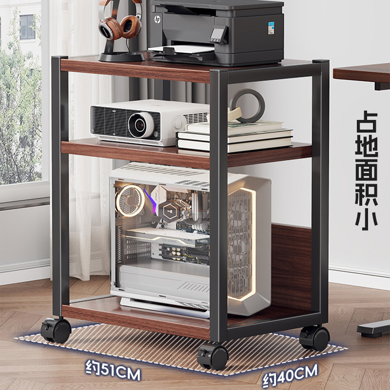 Floor-standing main case storage rack near the desk