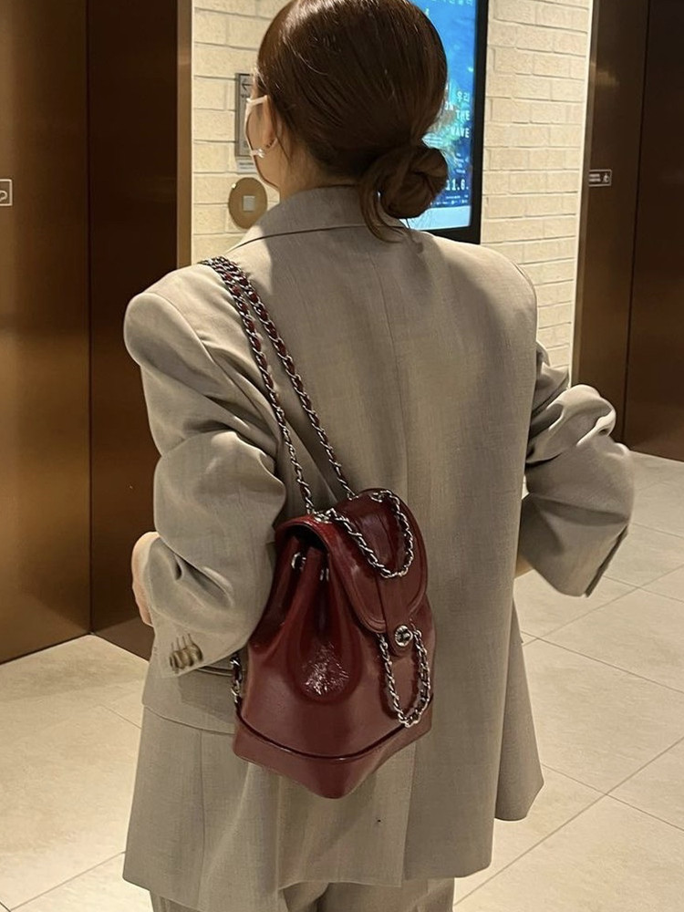 韩国小众Cardinal Red双肩包牛皮复古小香风链条包单肩斜挎水桶包,淘宝优惠券,粉丝福利购,淘宝优惠卷