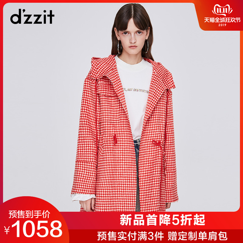 dzzit地素 19春装新款格子连帽收腰毛边呢子大衣外套女3G1G2043H thumbnail