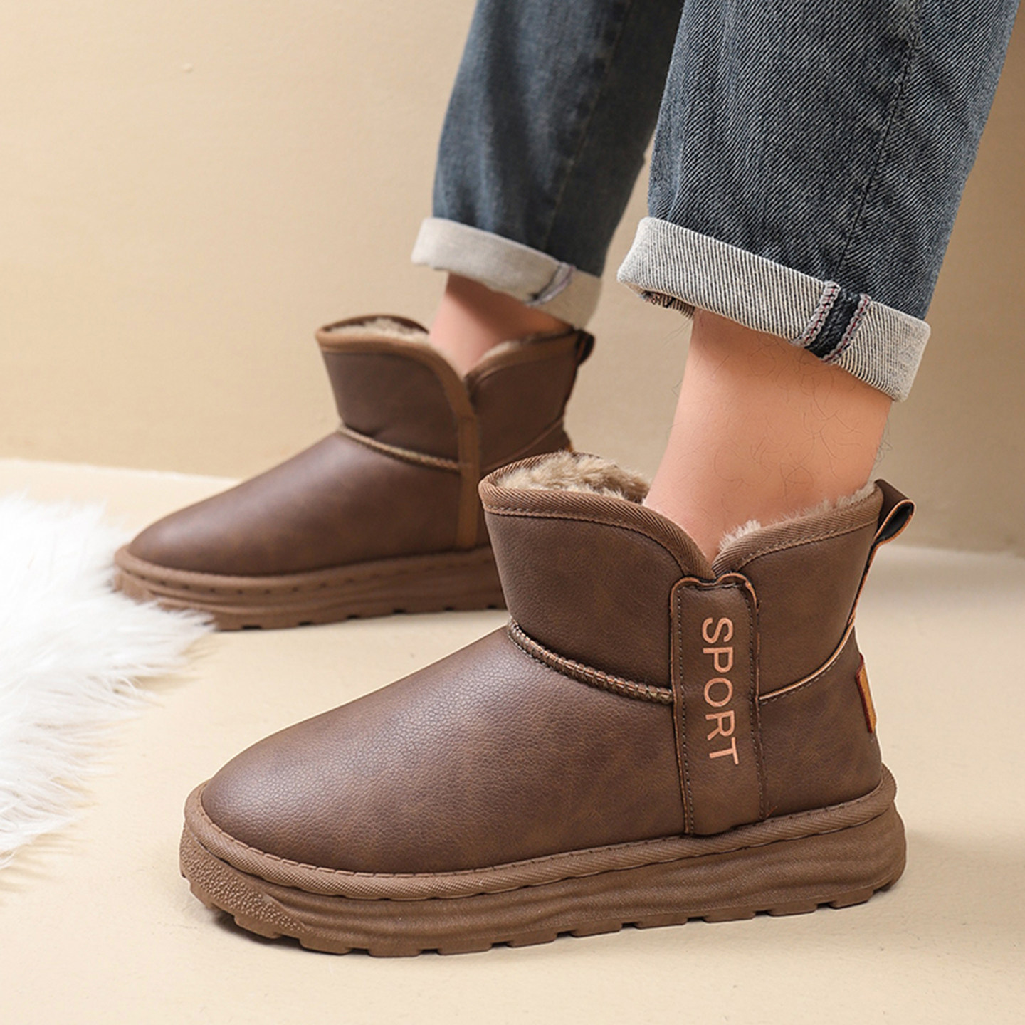 男士冬款加绒雪地靴东北防水保暖男鞋户外棉靴防水加厚皮面短筒靴,淘宝优惠券,粉丝福利购,淘宝优惠卷