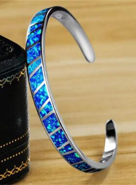 Blue Fire Opal Stone Open Bangles Silver Plated Minimalist