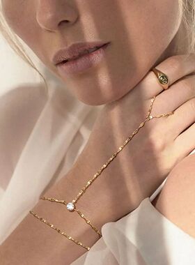Stainless Steel Hand Chain Ring Bacelet fo Women, Gold