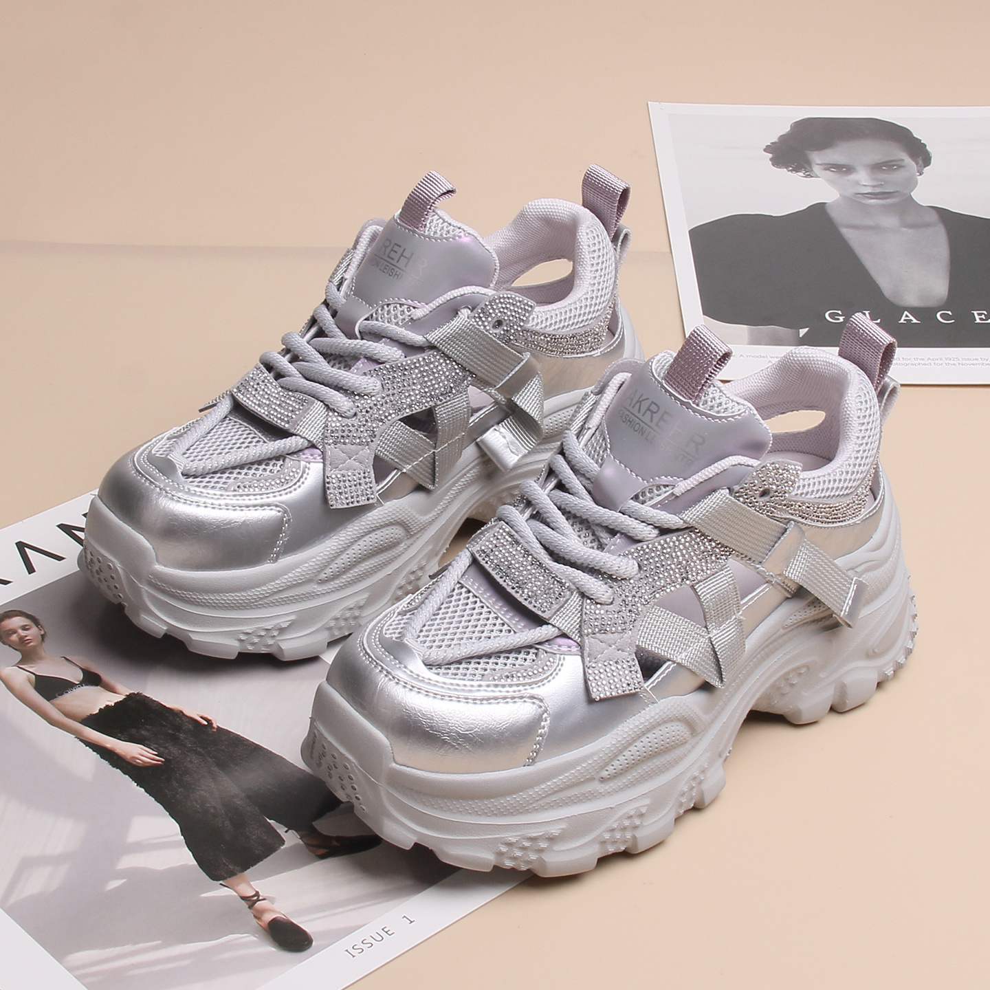 嘉俪多女休闲老爹鞋欧美TPU钻松糕底圆头系带深口2025新款春季 - 图1