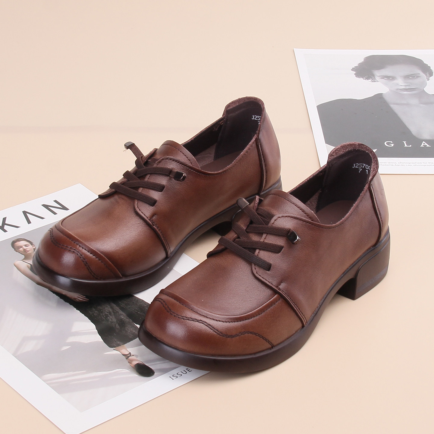 嘉俪多女欧美单鞋牛皮深口圆头粗跟乐福鞋系带2025新款秋季时尚,淘宝优惠券,粉丝福利购,淘宝优惠卷