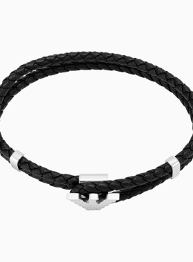 阿玛尼男士波状鹰标编织皮革手链