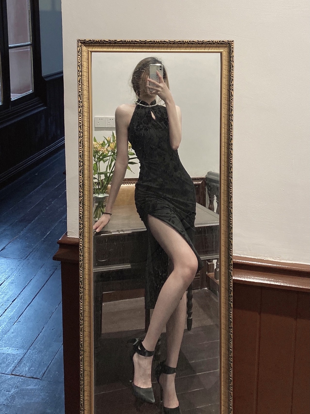黑色植绒改良版旗袍连衣裙年轻少女性感夏季新款高级感包臀长裙子-图2