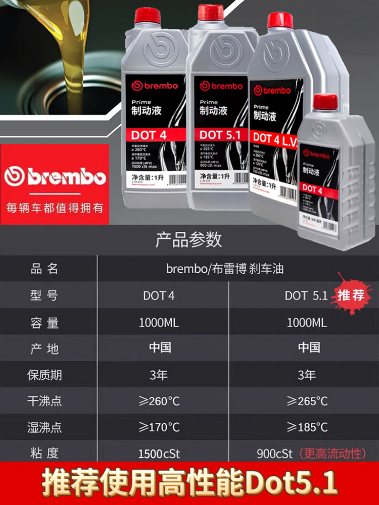 brembo布雷博DOT4制动液DOT5.1刹车油制动油1升汽车电动摩托通用 - 图1