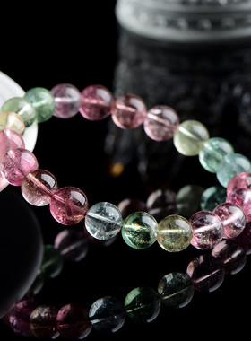 一方久雅水晶 天然7A级马卡龙碧玺圆珠手链  老矿冰激凌色碧玺