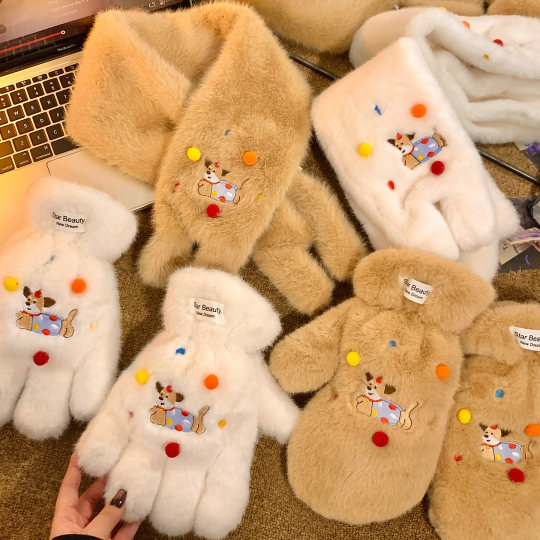 Cute dachshund puppy plush finger gloves for women winter plus velvet and thickening to keep warm and cold-proof furry cycling students