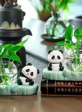 卡通熊猫玻璃水培花瓶桌面摆件