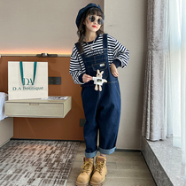 Girl Denim Back Belt Pants Suit Children Pants Fall New Loose 2023 Autumn Clothing CUHK Boy Girl Trousers