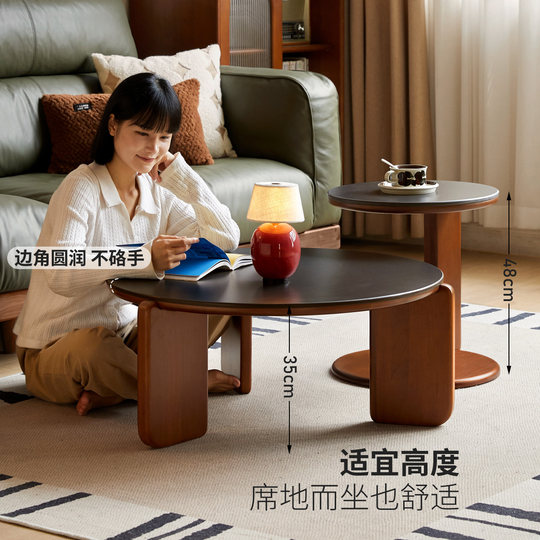 Genji Muyu all solid wood slate coffee table living room medieval round tea table home retro tea table combination round table