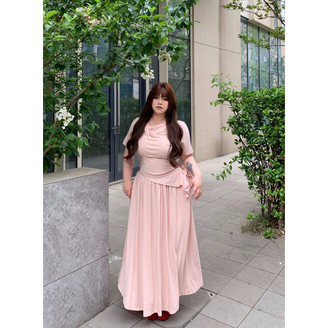 Dese's soft candy lazy style set two-piece pleated T-sleeved short-sleeved T-shirt top long style skirt with pockets