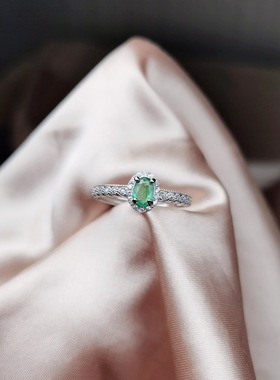 realtreasure大促系列祖母绿戒指s925银镶嵌满钻祖母绿女戒无瑕疵