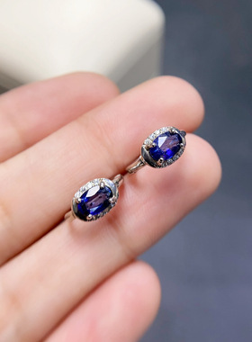 realtreasure天然蓝宝石耳钉 4*6mm925银女士 天然蓝宝石过检测