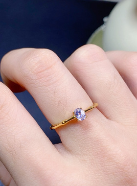realtreasure925银电镀18k镶嵌天然坦桑石戒指 主石尺寸3*4mm