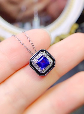 realtreasure天然蓝宝石吊坠项链925银镀金吊坠方5mm