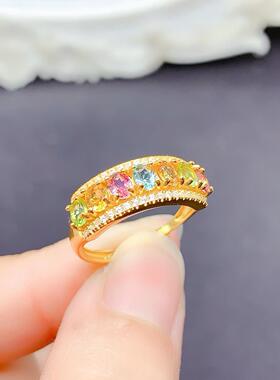 realtreasureS925银镶天然彩色碧玺排戒时尚通勤百搭可调节指环