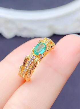 realtreasureS925银天然祖母绿戒指气质百搭拉丝镂空设计彩宝指环