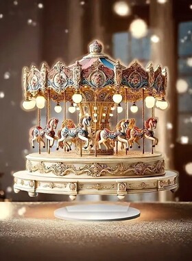 旋转音乐盒平面亚克力旋转木马圣诞节摆件浪漫童话旋转马车摆