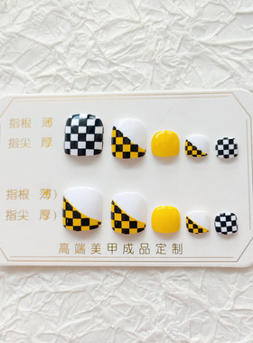 24片法式黄色棋盘格纹脚趾甲贴显白防水可重复穿戴美甲贴片