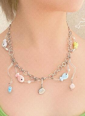 conceptofskin游乐园彩色波点鱼项链 多巴胺choker海边贝壳手作