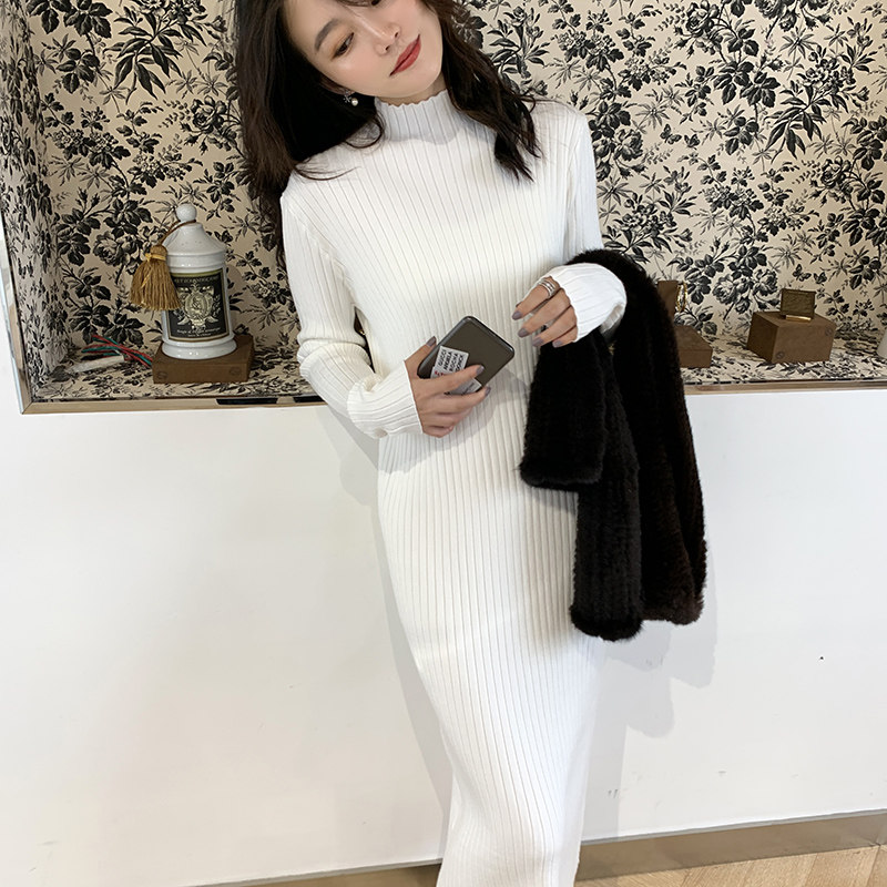 长款半高领秋冬针织连衣裙宽松毛衣 时尚铃铛毛衣