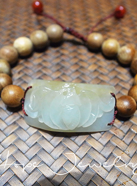 老和田玉雕厂 油润老料且末唐青白玉 福在眼前手牌手链配沉香木珠