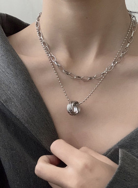 圆环项链男女款圆珠链轻奢双层叠戴毛衣链锁骨链钛钢吊坠生日礼物