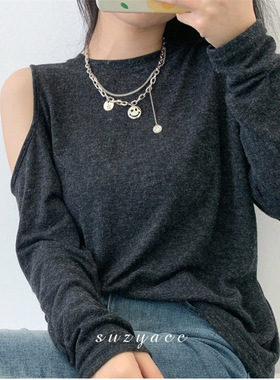 双层叠戴笑脸项链男女款轻奢小众精致流苏钛钢锁骨毛衣链生日礼物