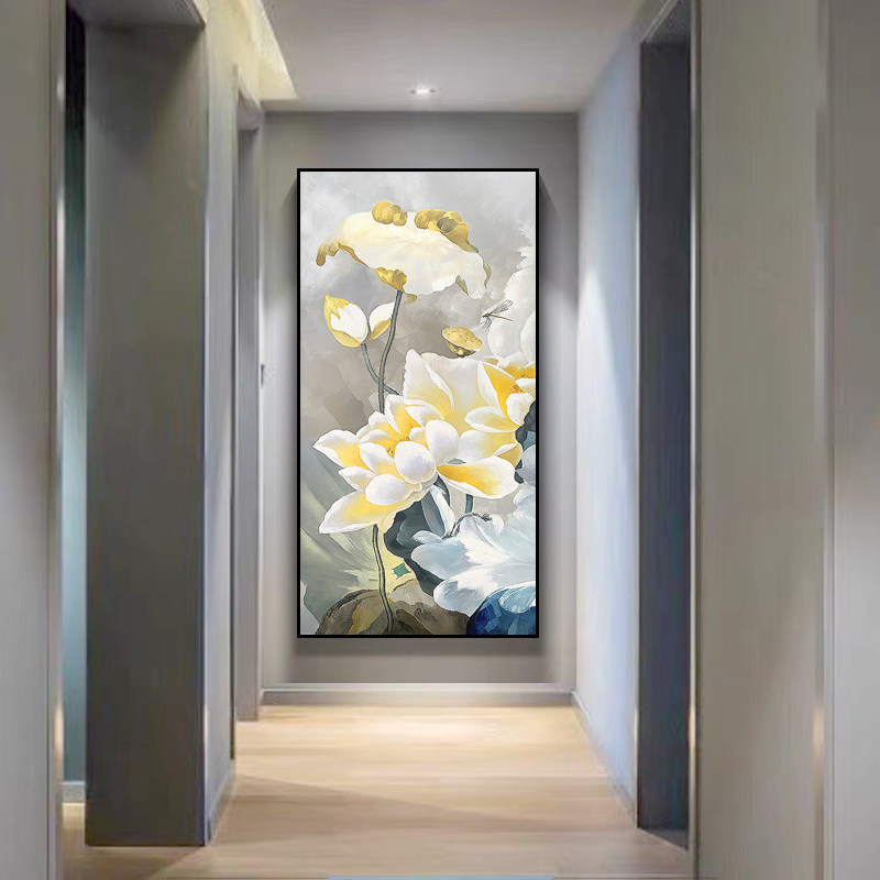 深圳大芬油画村旗舰店玄关画清仓轻奢风手绘荷花入户门正对门挂画