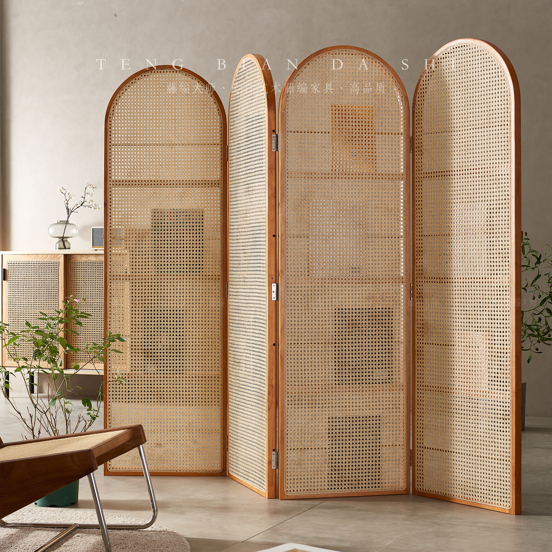 实木藤编屏风隔断墙复古文艺杂志书架遮挡小户型客厅入户简约座屏 - 图2