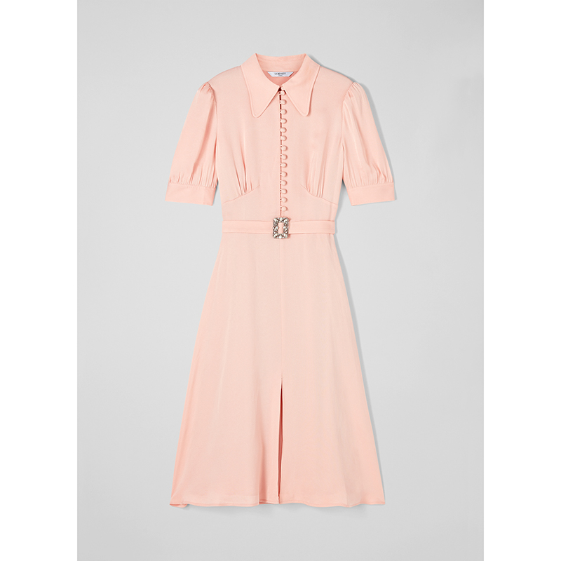 【明星同款】lkbennett粉色法式连衣裙女春夏短袖小翻领收腰a字裙