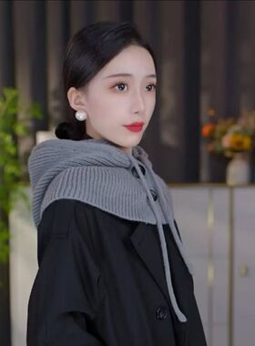 新款百搭围脖一体帽针织拉法围巾保暖羽绒服柔软抽绳收口披肩帽女