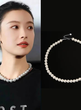 正圆珍珠项链纯银女正品颈链锁骨链送妈妈银链子轻奢小众毛衣链潮